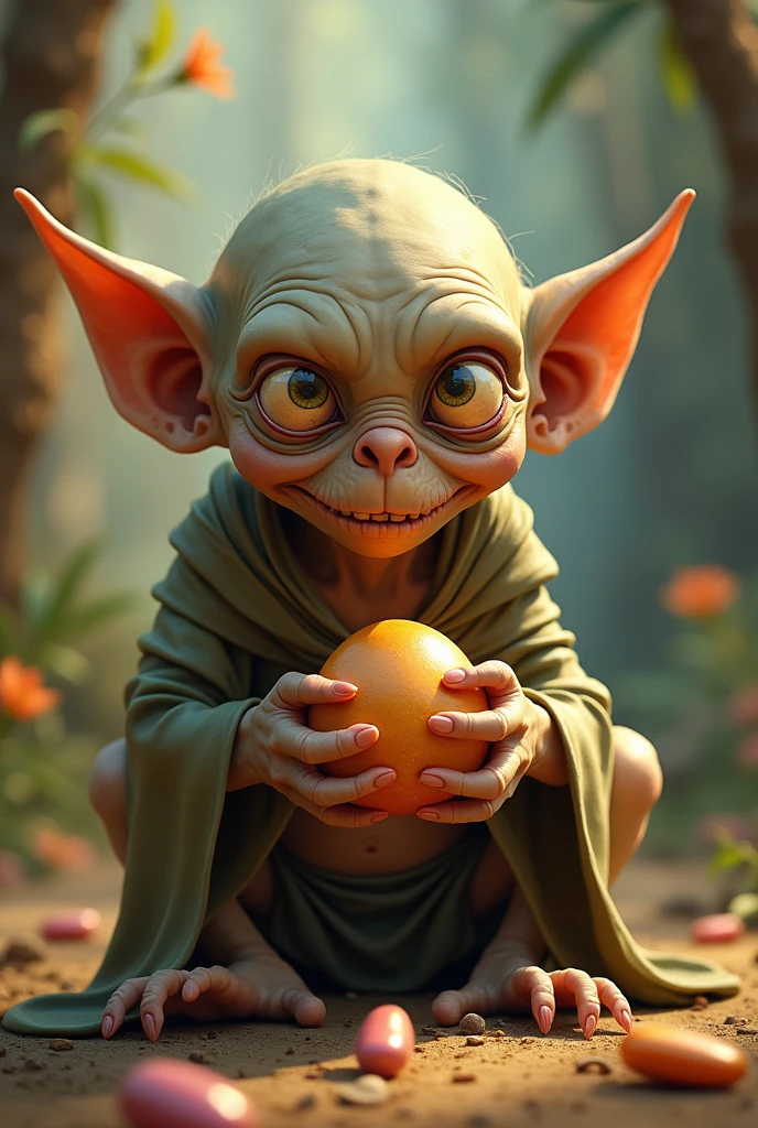 Based on the theme of Golum and the ring( my precious) Create an image that replaces the ring with a pill (drug that is used as medicine and comes in tablet form), Make the Gollun creature look a lot like the Lord of the Rings movie and smile tenderly, that does not look threatening , Use cheerful, not depressive colors. Make the drug on your hands stand out and be noticed above all else