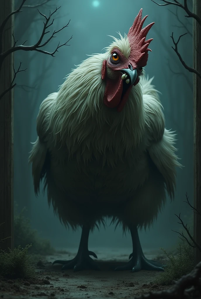 Create a very scary hairy chicken, that is paranormal with sharp teeth