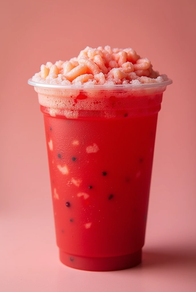 Red colored drink in a 32 oz plastic cup frosted with chamoy