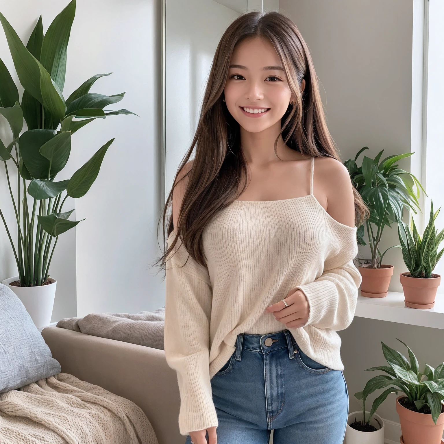 Generate a detailed image of a young woman taking a selfie. She has long, straight hair and is smiling confidently. The background is a cozy, well-lit bedroom with a few decorative plants and a window showing a sunny day. The woman is holding her smartphone at arm's length, with the camera capturing her face and upper body. She is wearing casual, trendy clothing, like a light-colored top and jeans. Her expression is joyful, and the lighting highlights her natural features."