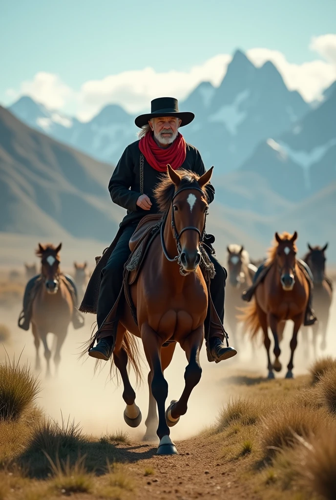 Horizontal profile image Full length of an old Gaucho with his black beret on his head and red scarf around his neck riding his horse galloping accompanied by wild horses in Torre del Paine