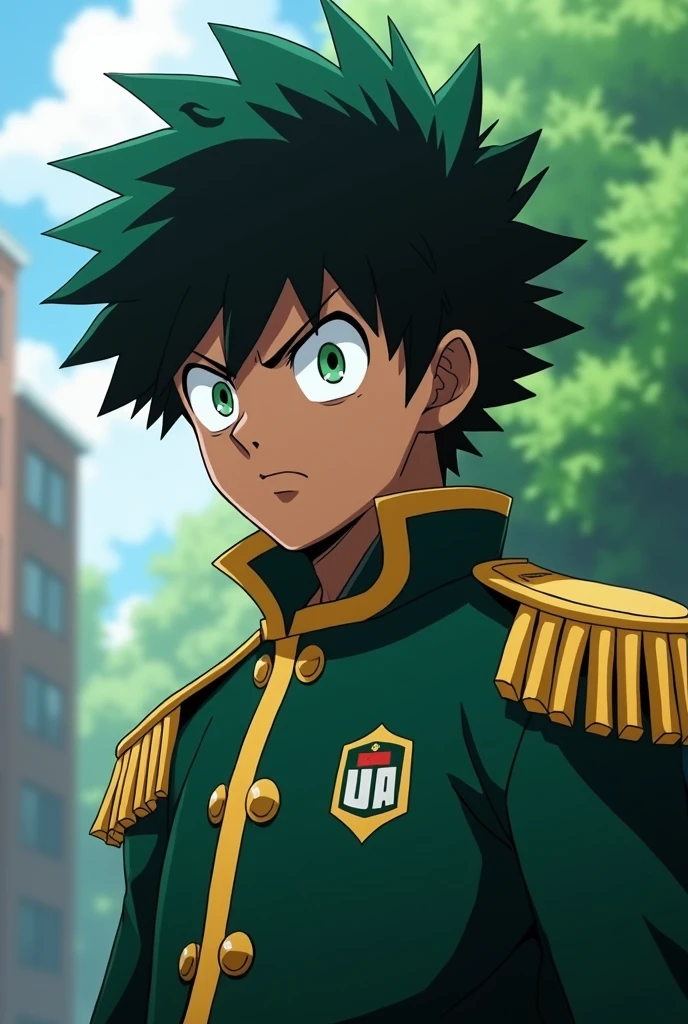 A screenshot of My Hero Academia, a tall boy with dark skin, green eyes, spiky black hair, an annoyed expression but with a touch of confidence wearing the UA uniform.