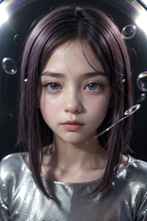 standing alone, 1 girl, purples eyes, cabelo roxo, bubble, looking ahead at viewer, portraite, half-closed eyes, shorth hair, cloused mouth,shiny bubbles,bubbles, colour shining in bubble, reflective bubbles,bubbles ,bubbles all around, turning into bubble