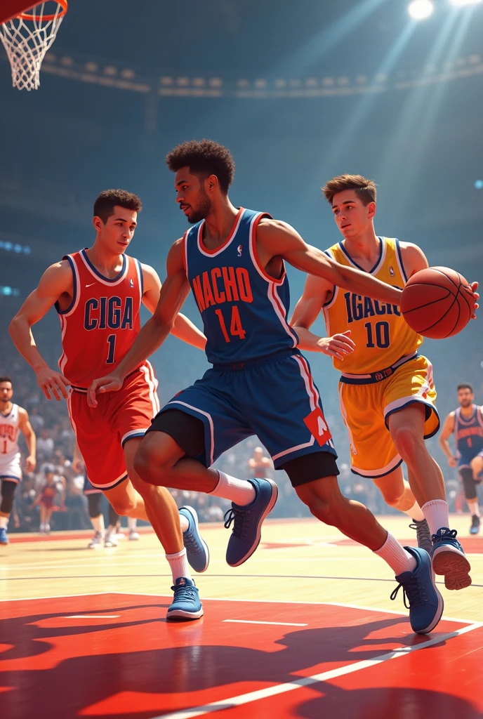 Make a picture of 3 basketball players and their uniform says: Ciga, Nacho y Gavai