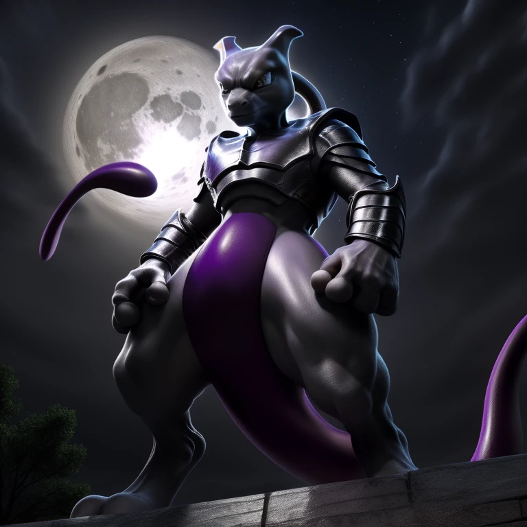 upload on e621, by allandox, anthro, male, detailed realistic painting, (((shaded))), extreme detail, ((mewtwo, pokemon)), ((stoic expression:1.3)), full moon background, full body perspective, ((confident pose:1.2, side perspective:1.2)), ((red and silver steel armor:1.3))