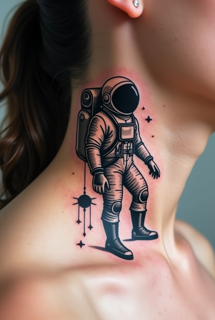 Please I would like unique and creative ideas for simplified astronaut tattoo designs with geometric shapes, tattoo on the side of the neck, retro synthwave style, astronaut floating in the universe black lines, sol synthwave, arte tattoo