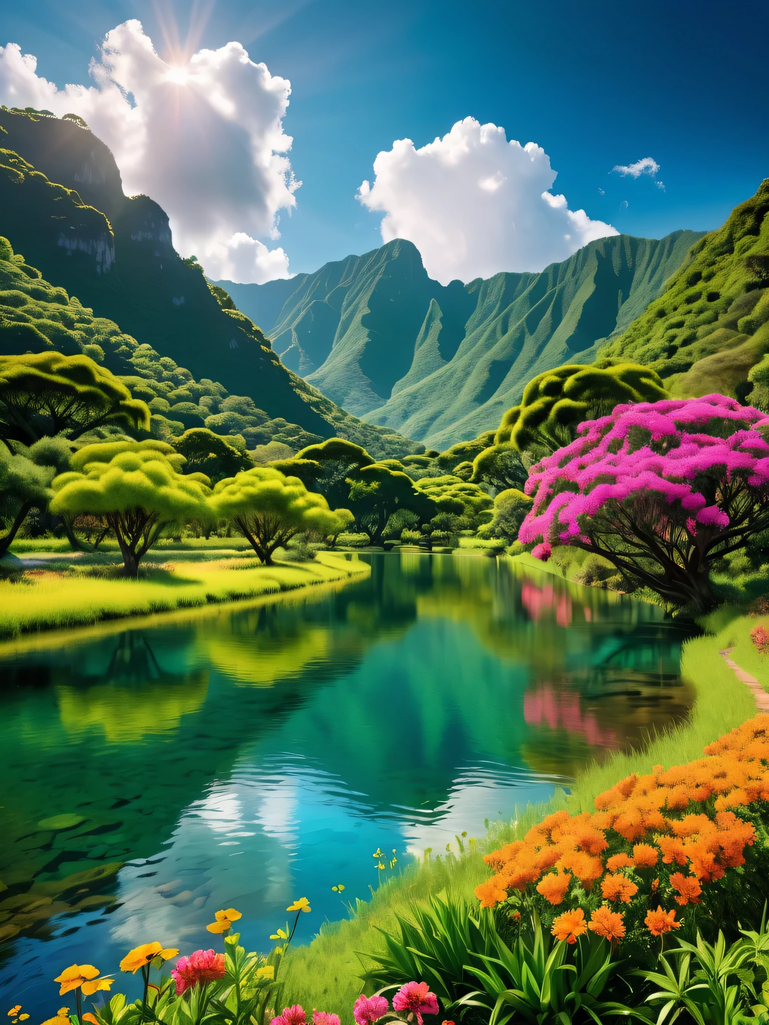 (best quality,4k,8k,highres,masterpiece:1.2),ultra-detailed,(realistic,photorealistic,photo-realistic:1.37),serene landscape,picturesque "Imagine an unforgettable landscape that reveals the beauty and greatness of God in every realistic detail. It is a scenario that transcends human understanding, onde a natureza se une em harmonia para criar uma obra-prima divina. Nesta paisagem, you find yourself in front of majestic mountains, that stand towering towards the sky. Suas alturas parecem tocar as nuvens, while its slopes display lush vegetation, a tapestry of green tones and colorful flowers. Nos vales abaixo, clear rivers flow serenely, reflecting the sunlight that shines brightly in the sky. The water is crystal clear, como se fosse um espelho que revela a pureza e a vida que carrega. Em suas margens, Shade trees provide shade and shelter for a wide variety of animals and birds, that seem to dance in harmony with nature. No horizonte, The sun sets in a divine spectacle. O dourado, Orange and pink colors paint the sky in a true celestial picture. It's as if God is pouring His palette of colors into the world, creating a spectacle of light and beauty impossible to replicate. When contemplating this magnificent landscape, you feel the presence of God in a deep and comforting way. The grandeur of divine creation is evident in every detail of the landscape. Todas as montanhas, todos os rios, every ray of the sun is a testimony to the power and beauty of God. Nesta paisagem that shows the beauty of God, You feel small in the face of the vastness and perfection of creation. It is an invitation to marvel at the divine work, agradecer pelas maravilhas da natureza, e se sentir conectado ao divino. It is a reminder that God is present in all things, in the beauty of nature and in the depth of our hearts.