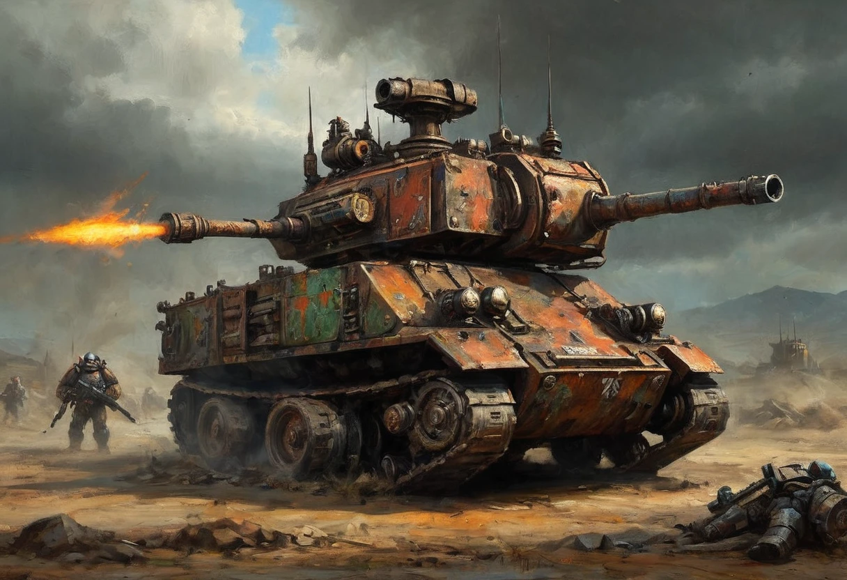 a heavily armored Ork tank, scrap metal, made of junk, insane paint job, 2 huge turrets, flames shooting out exhaust, painting of Mork, Warhammer 40k, post-apocalyptic, war-torn planet, dystopian, gritty, weathered, battle-scarred, weathered metal, battle-damaged, rust, grime, weathered, battle-worn, high detail, highly detailed, realistic, cinematic, dramatic lighting, moody, dark, intense, gritty, atmospheric