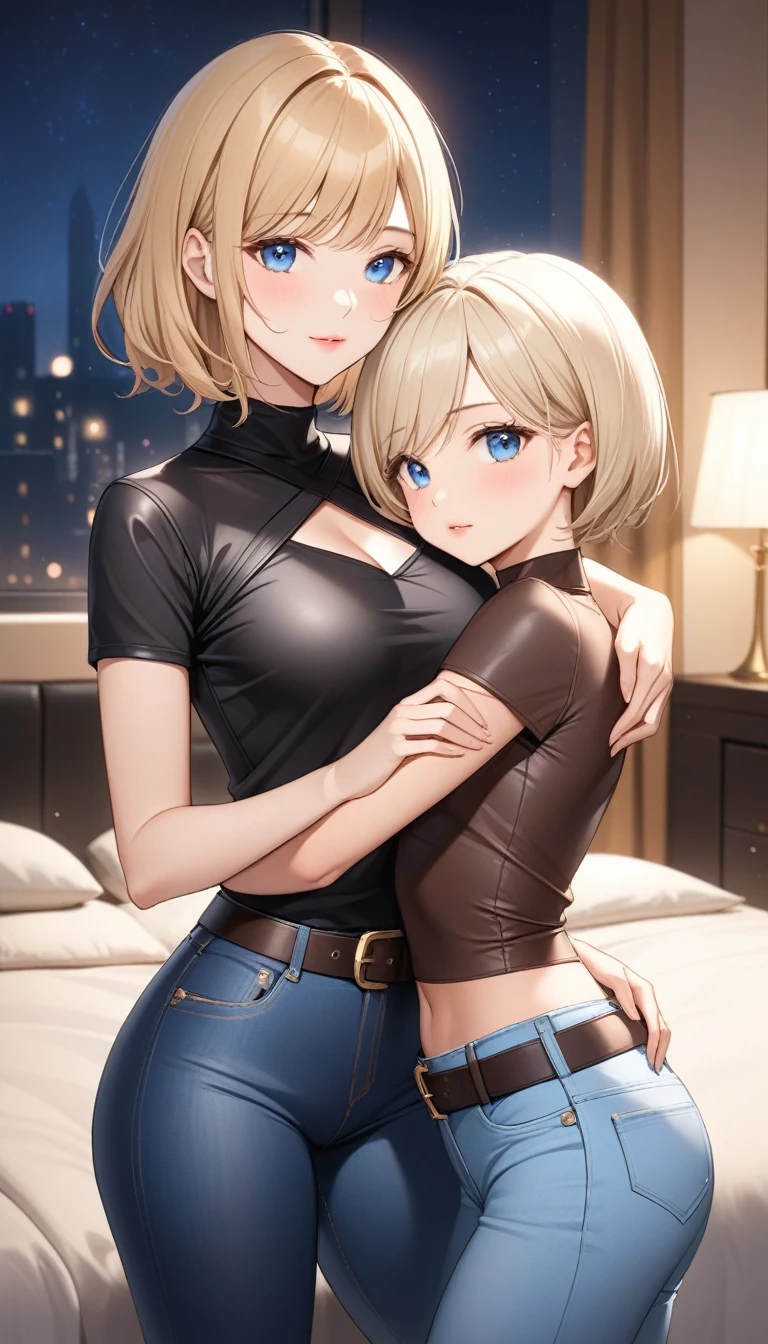 Two beautiful ladies ((lady 1: 35y old mom, with short straight blonde hair, lady 1 with blue eyes and caucasian skin, lady 1 wearing Tight Jeans and Leather Belt, lady 1 Sexy Criss Cross Mock Neck Short Sleeves Brown Blouse)), ((lady 2: 13y old daughter, with short straight blonde hair, lady 2 with blue eyes and caucasian skin, lady 2 wearing Tight Jean Shorts and Leather Belt, lady 2 Sexy Criss Cross Mock Neck Short Sleeves Grey Blouse)), luxurious jewelry, 18k gold wedding ring on left hand, standing in their bedroom at night, hugging and kissing each other, (light brown lipstick), (elegant mascara), (slim body), (small breasts), (wide hips), endjourney, <lora:GoodHands-, <lora:GoodLegs-, UHD, high resolution, (expressive eyes, perfect face, full body, expressive face, perfect body, perfect pussy, athletic, fit, slim body, blushing, Perfect makeup, eyeliner, beautiful eyelashes, smiling, horny face), ((best illumination, best shadows)), ((sexy pose)), ((Front pov:1.1))