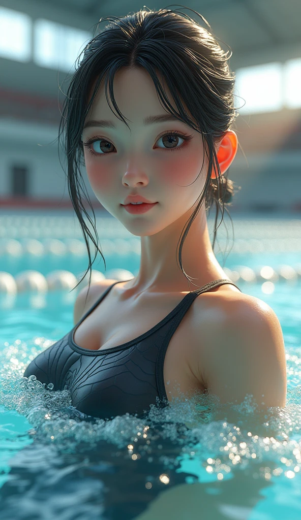 Highly detailed CG unity 8k wallpaper, Top Quality, A highly detailed, Masterpiece, realisitic, Photorealistic, very detailed cute girl, (25 Years Old), blush, round eyes, Medium , viewer, semi-body shot, swimming race suit, Swimming arena