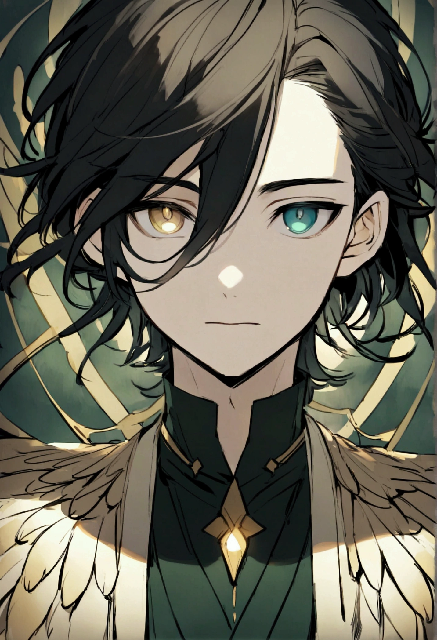 Mika is a thin young man. He has medium-length, shaggy black hair that resembles the feathers of a crow.. It appears dark green and sometimes even brown in certain lighting. Your eyes have heterochromia iridium; his right eye is a light golden color, while the left one is water