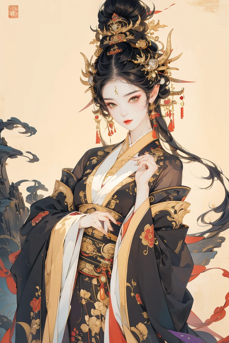 Spirit orge girl, sexy, bright eyes, black hair, two horns, look at viewer, beatiful girl, seductive gaze, sexy pose, golden eyes, eyeliner, chinese clothing, purple cloth, perfect girl, bauty girl, sexy girl, good body.