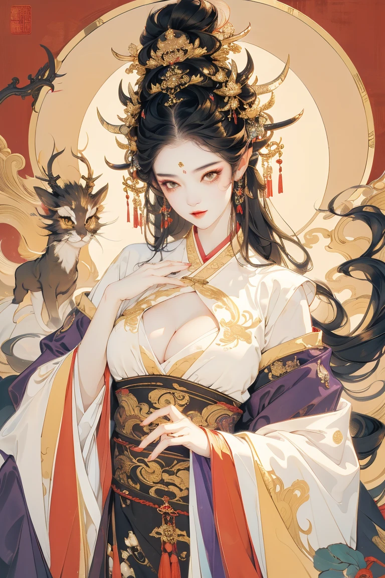 Spirit orge girl, sexy, bright eyes, black hair, two horns, look at viewer, beatiful girl, seductive gaze, sexy pose, golden eyes, eyeliner, chinese clothing, purple cloth, perfect girl, bauty girl, sexy girl, good body.