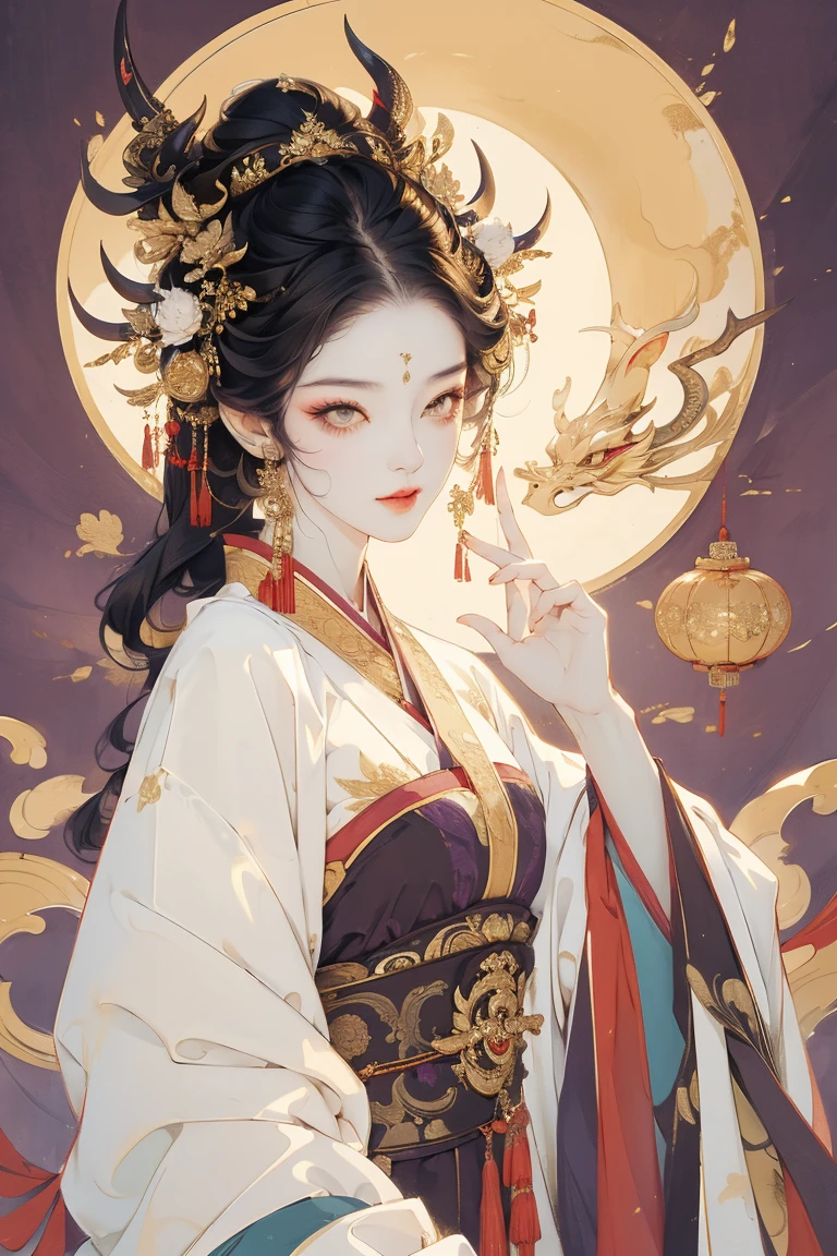 Spirit orge girl, sexy, bright eyes, black hair, two horns, look at viewer, beatiful girl, seductive gaze, sexy pose, golden eyes, eyeliner, chinese clothing, purple cloth, perfect girl, bauty girl, sexy girl, good body.
