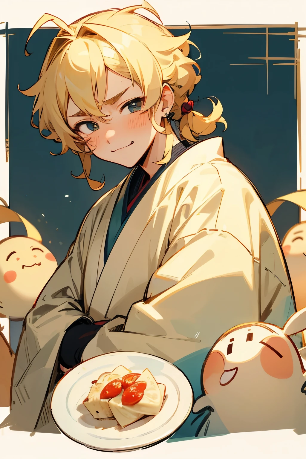 Japanese Boy、solo、Blonde、Food、High resolution、Natural curls、Center Part、No sideburns、Earrings、Blushing、smile、Frowning、happiness／joy、Droopy eyes、Being in the infirmary、Character design drawings、Illustration、anime、anime風、