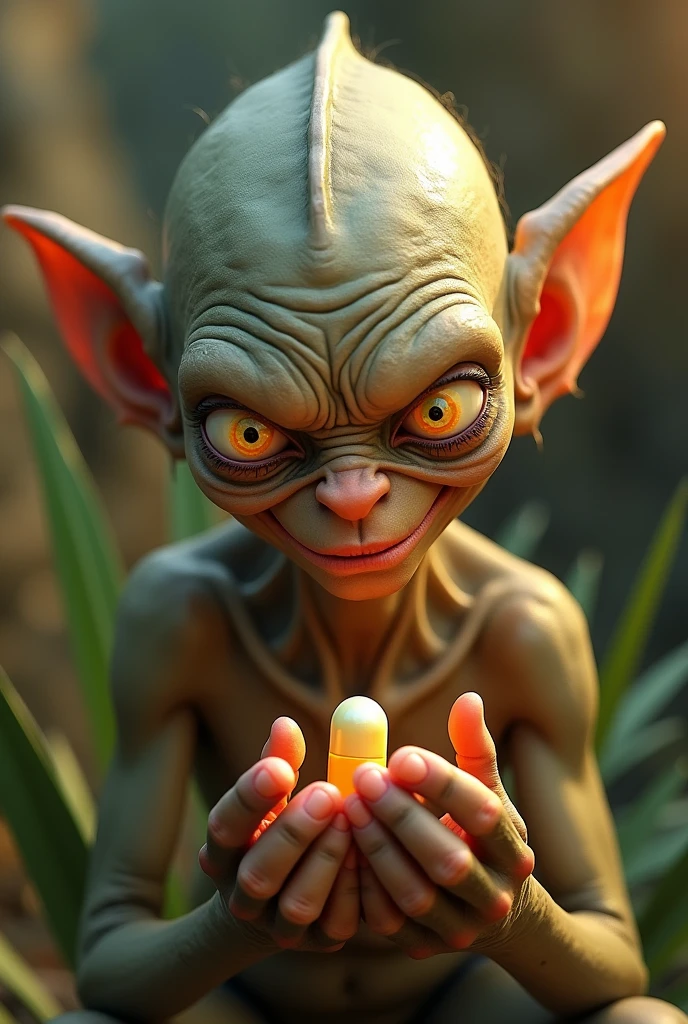 Based on the theme of Golum and the ring( my precious) Create an image that replaces the ring with a pill (drug that is used as medicine and comes in tablet form), Make the Gollun creature look a lot like the Lord of the Rings movie and smile tenderly, that does not look threatening , Use cheerful, not depressive colors. Make the drug on your hands stand out and be noticed above all and look 100%% to the shape and color of a pill