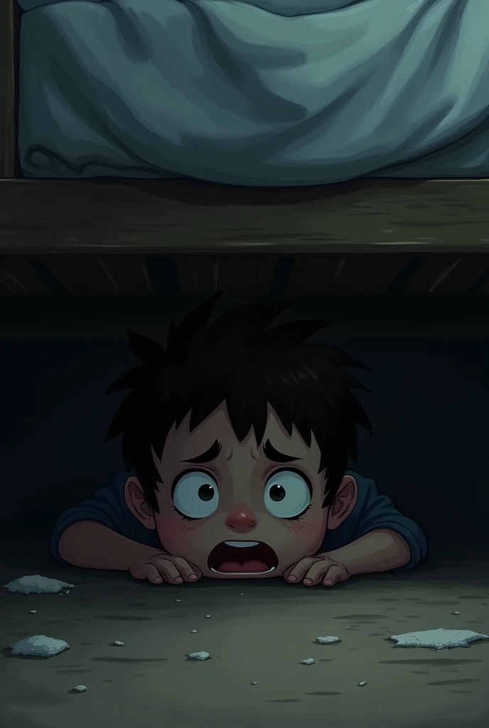 A scared boy under his bed looking scared