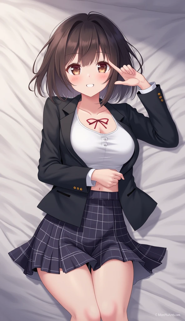 One girl, School Blazer,Checkered Skirt,cute,beautiful girl,Short Hair,ribbon,Quiet,Innocence,Obedience,Unbutton your blazer and shirt,White Bra,Soft looking breasts,Medium chest,Beautiful breasts,Cleavage,blush one's cheeks,Gaze Here,Embarrassed,nsfw,Lying in bed