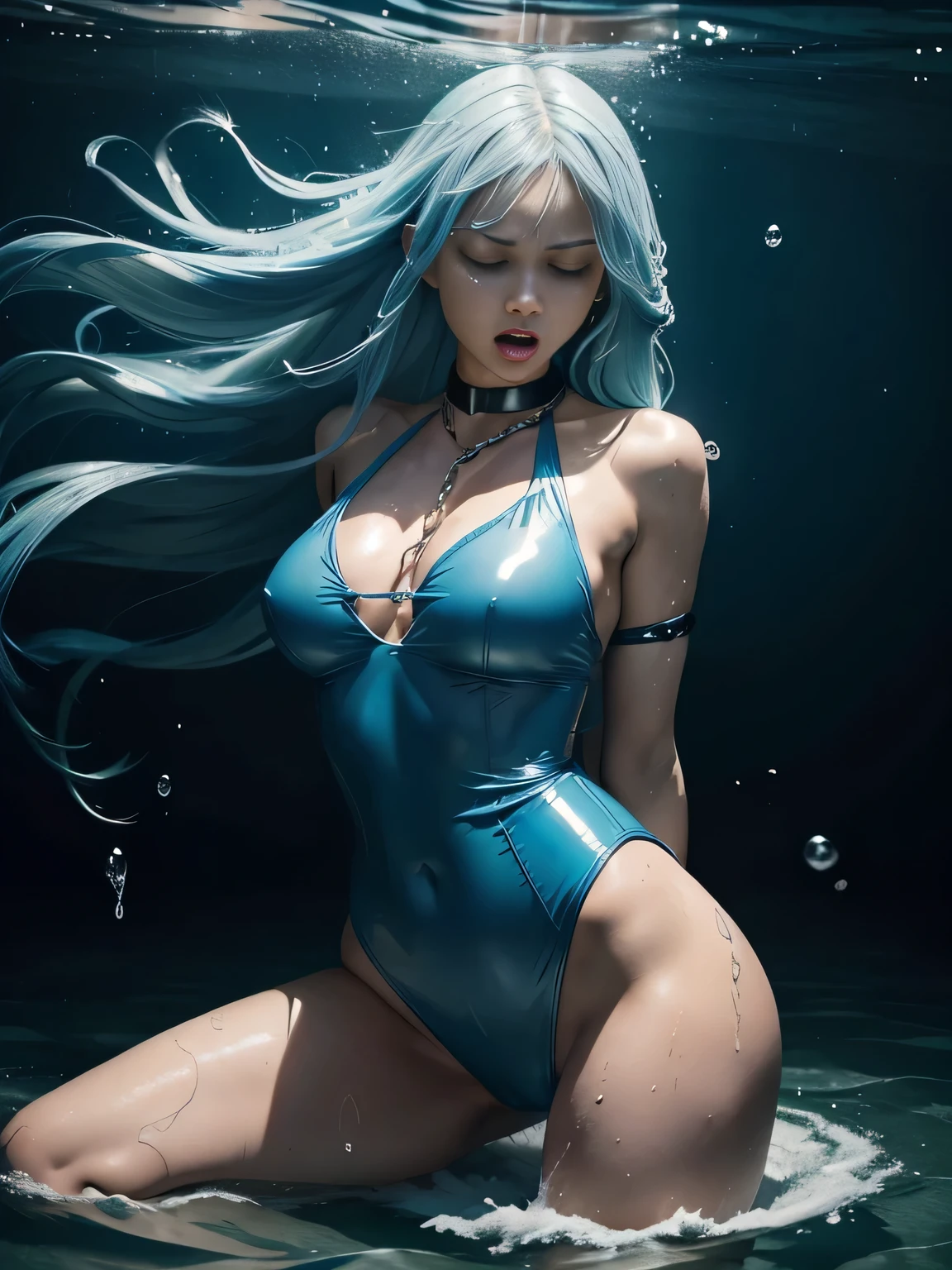 superheroine, long long gorgeous light blue hair, slender body, latex, (chains wrapped around body, tighten up), leotard, blue and white costume, chained, collared, cuffed, captured, shibari, static restrained, ((arms behind back)), (crushed), over dark water, (heavy water), dark undersea distorted, water be raging, waterhits like bullet, ((attacked by water bomb1.8)), cruelly, (painful), helpless, ((screaming in pain)), eyes closed, holding on, crouching, gritting teeth, squirming, suffering,((body distorted)), ((body thrown away)), ((body blown away)), ((body into dogleg shape 1.5)), ((body turned)), cannot stand, (lying face up), hair swaying in water, in deepsea