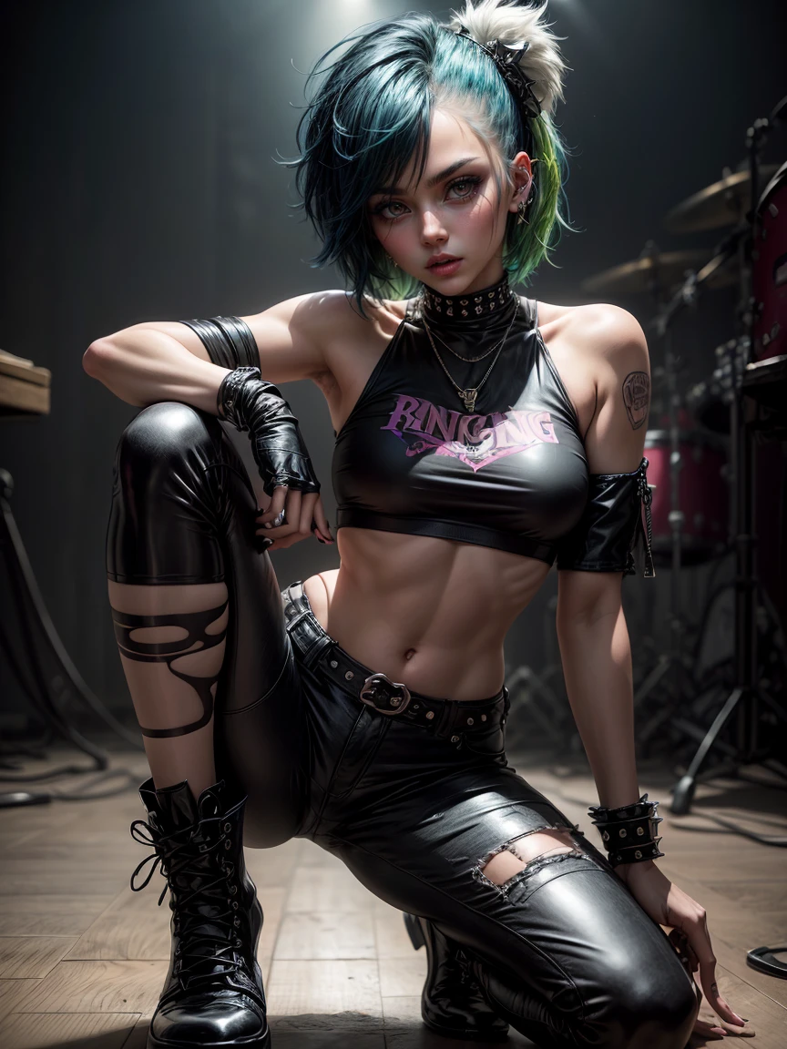 Angel, the charismatic character of The King of Fighters, a woman of unique and striking appearance who stands out for her punk style and rebellious attitude. Her hair short and black color, with messy locks framing her face. Her defiant hairstyle and wild-looking hair reflect her bold and enigmatic personality. His eyes are an intense blue color, shining with a defiant and piercing gaze. They are framed by long, dark eyelashes, further enhancing their bold expression. In addition, he usually wears a dark and striking eye makeup that highlights his look and gives him a mysterious air. Angel's skin pale and smooth, like delicate porcelain. Her face carefully made up, with an even skin tone and a soft blush on her cheeks. She doesn't overdo it in makeup, but often wears a deep red or black lipstick, which reinforces her punk and rebellious aesthetic. She wears a punk rock ensemble, with a mix of feminine and rebellious elements, he wears a tight T-shirt with bold and eye-catching prints, which shows his rebellious personality and love for music. At the bottom, Angel wears tight black leather or patterned pants, which highlight his slender and athletic figure. Complement your outfit with high boots or canvas sneakers, giving it a touch of comfort and punk style. In addition, Angel wears a variety of accessories that complement his punk look. You can wear leather bracelets with rivets, spiked necklaces or black leather chokers. It also distinguished by its facial piercings, such as nose rings, eyebrows or lips, which highlight its unique and bold style. In short, Angel a punk-looking and rebellious character in The King of Fighters. Her green hair, flashy makeup, and punk rock outfit make her