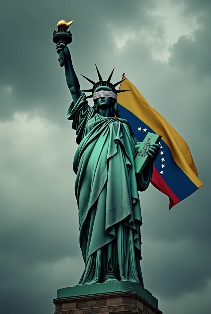  The Statue of Liberty blindfolded holding the Venezuelan flag and torch