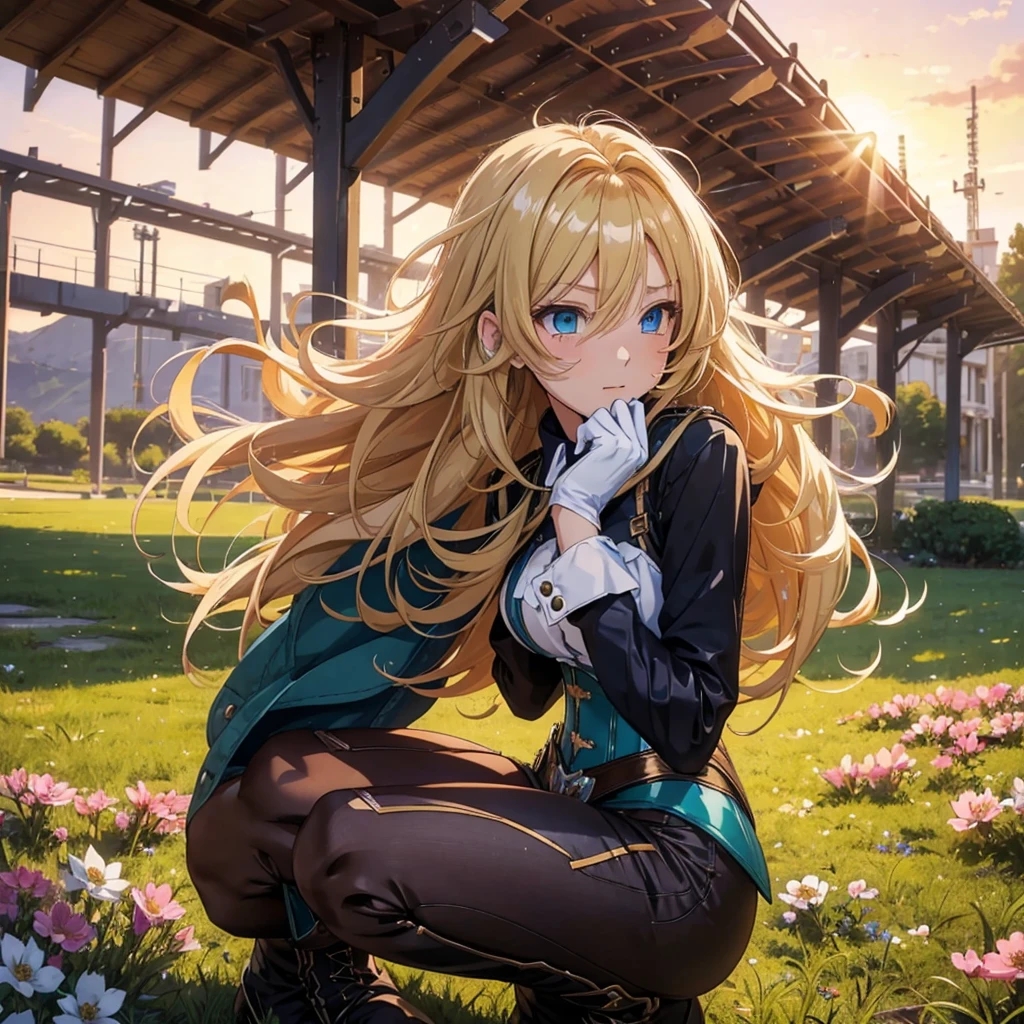 Anime style 21-year-old female character with blond, waist-length, wavy hair, V bangs, and blue eyes, squatting in a spring field at sunset, viewed frontally. She appears tired and is panting, with sweat on her forehead, dressed in a white blouse with a chocolate-colored corset over it, skinny tight blue jeans, and high boots. The background is a vibrant spring landscape with blooming flowers, green grass, and a warm sunset glow, creating a peaceful yet dynamic setting.