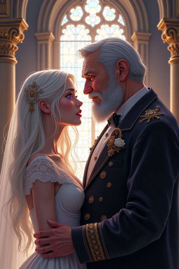 A white-haired girl with violet-colored eyes marries a fat man with silver hair and purple eyes, the man was pleased and did not notice the tears of grief on the bride's face on the altar.