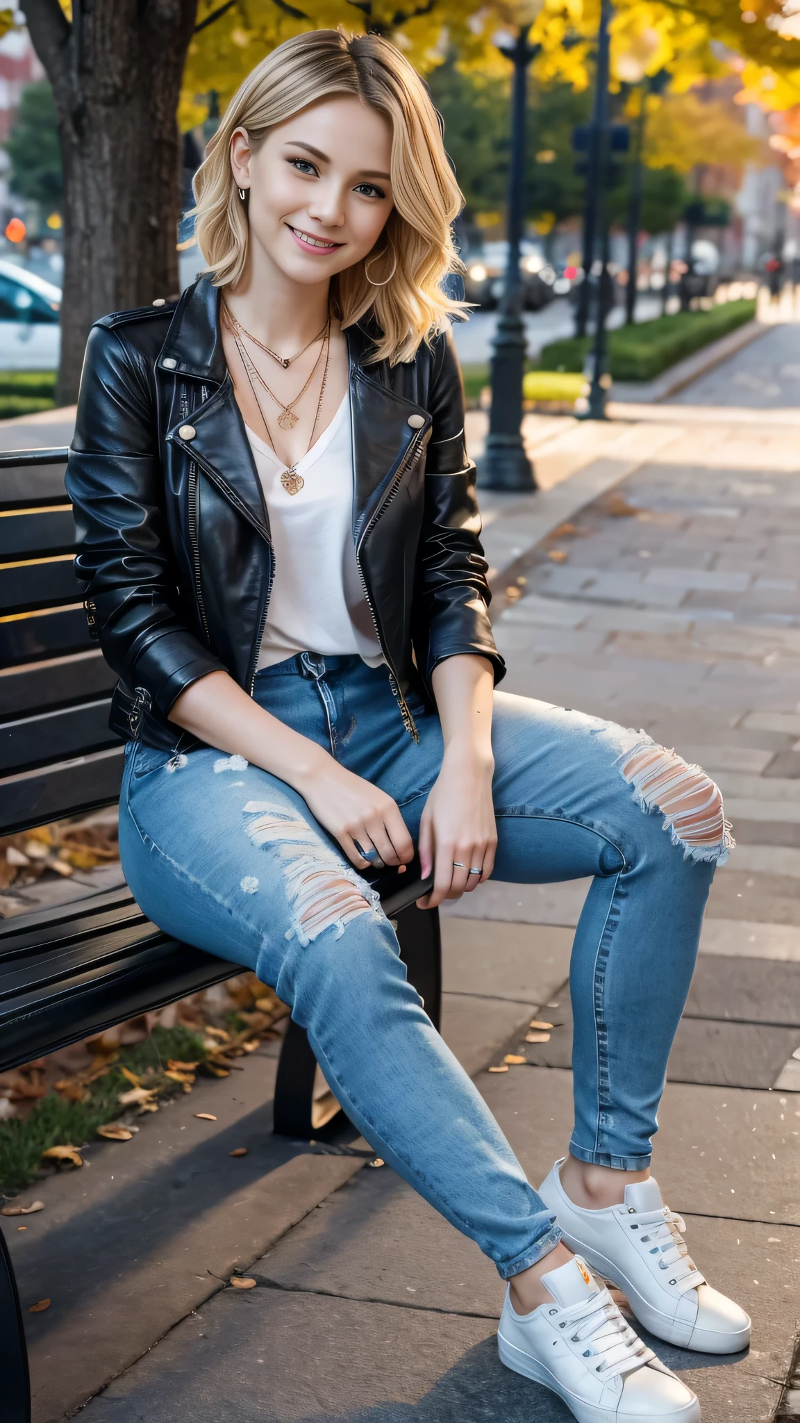 Super Resolution、Beautiful Russian Women、Full body photo、sitting on a park bench、Short Haircut、Blonde Hair、Wavy Hair、Ear piercing、necklace、leather jacket、shirt、Skinny jeans、sneakers、smile、Beautiful teeth alignment
