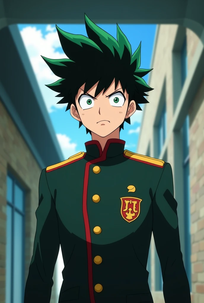A screenshot of My Hero Academia, a tall boy with light skin, green eyes, spiky black hair, an annoyed expression but with a touch of confidence wearing the UA uniform.