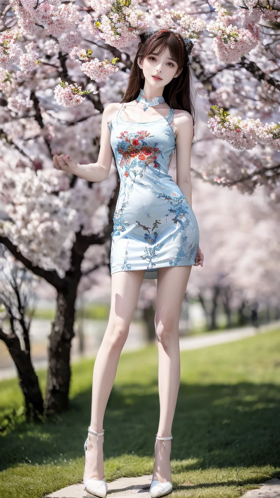 Masterpiece,Best quality,A high resolution, 1girll,From below,(Very thin and straight legs),,(Very long legs,Straight legs),,High heels,long leges,standing on your feet, Long legs as seen from the front, Perfect body,with perfect legs,(exteriors),goddes,Fairy air fluttering,beautidful eyes,Charming eyes,Clothes depicted in detail,Detailed portrayal of the face,choker necklace,Works of masters,Infinitely close to reality,(Beautifully patterned embroidered cheongsam 1.3),(on cheongsam),(cherry blossom tree background)