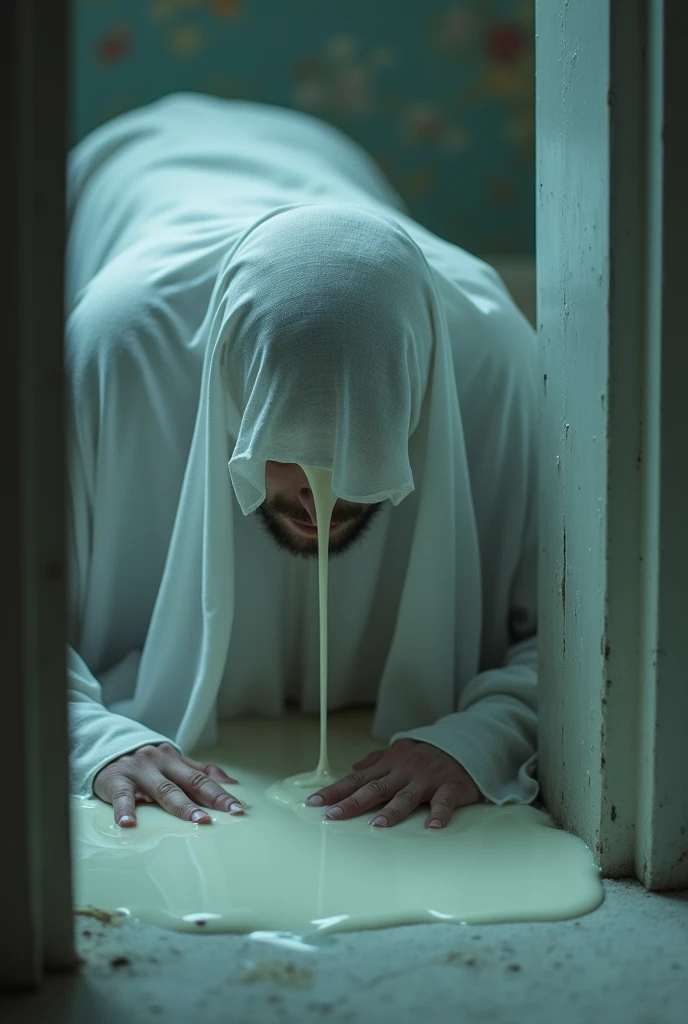 A male ghost in a sheet crawling on all fours and licking milk from the floor. High-resolution photo. Like something from a horror movie.