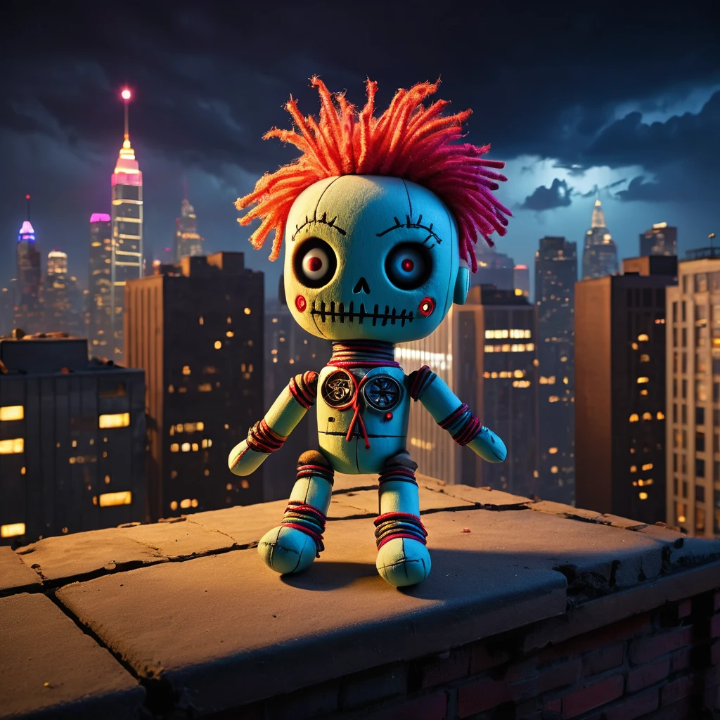 (knitted toy voodoo doll:1.7)
(Voodoo on the rooftop of an abandoned skyscraper with animated antennas:1.5)
(Clothing: tattered urban attire with glowing electric patterns:1.0)
(Accessories: miniature floating antennas, tiny glowing lightning rods, small enchanted satellite dishes:1.2)
(background: towering skyscraper with flickering city lights below, shadows of broken windows, and an ethereal mist surrounding the eerie, magical rooftop:1.2), best quality, masterpiece, detailed soft oil painting, detailed background, dramatic cinematic lighting, soft edge lighting, professional, dramatic lighting, hard edge lighting, ultra quality, 4k,masterpiece, best quality, 8k, ultra highres, highres, extremely detailed