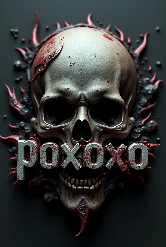 Logo with skull and the name poxoxo with the same font model as the band slipknot in 3d
