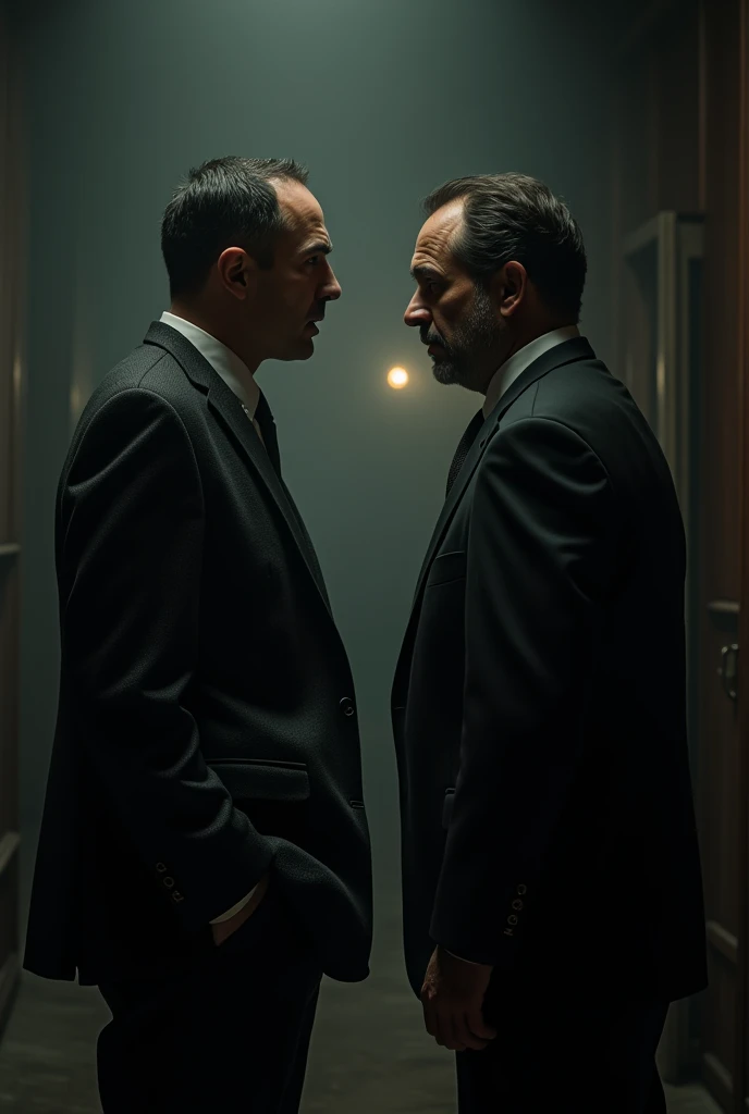 A man on the right is scolding the other man that they are both mobsters and the one they are scolding is standing in profile