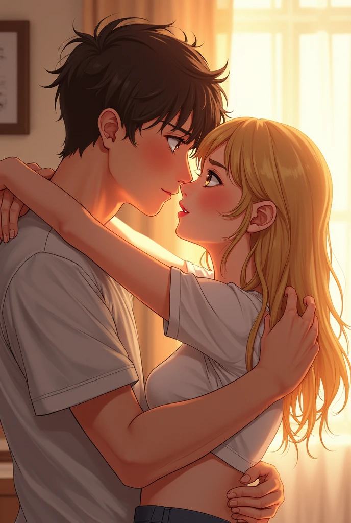 Man and woman, at bedroom aggressive kissing kiss, staring intently to eyes. No one look at front. Man Hugging woman from back and kissing, Lovers. Hand on the waist. Hand on the neck. Hand on the face. 20-year-old boy and 18-year-old girl. Detailed face, Detailed eyes, double eyelid, cute, sunny, warm vibes, Handsome-cool-warm-boy with brown hair and hot-cute-beautiful-girl with blonde hair and blushing face. Intimate vibes.