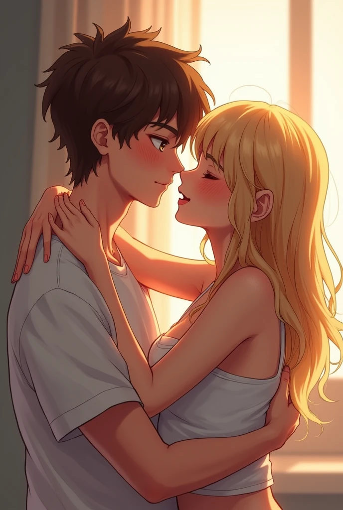 Man and woman, at bedroom aggressive kissing kiss, staring intently to eyes. No one look at front. Man Hugging woman from back and kissing, Lovers. Hand on the waist. Hand on the neck. Hand on the face. 20-year-old boy and 18-year-old girl. Detailed face, Detailed eyes, double eyelid, cute, sunny, warm vibes, Handsome-cool-warm-boy with brown hair and hot-cute-beautiful-girl with blonde hair and blushing face. Intimate vibes.
