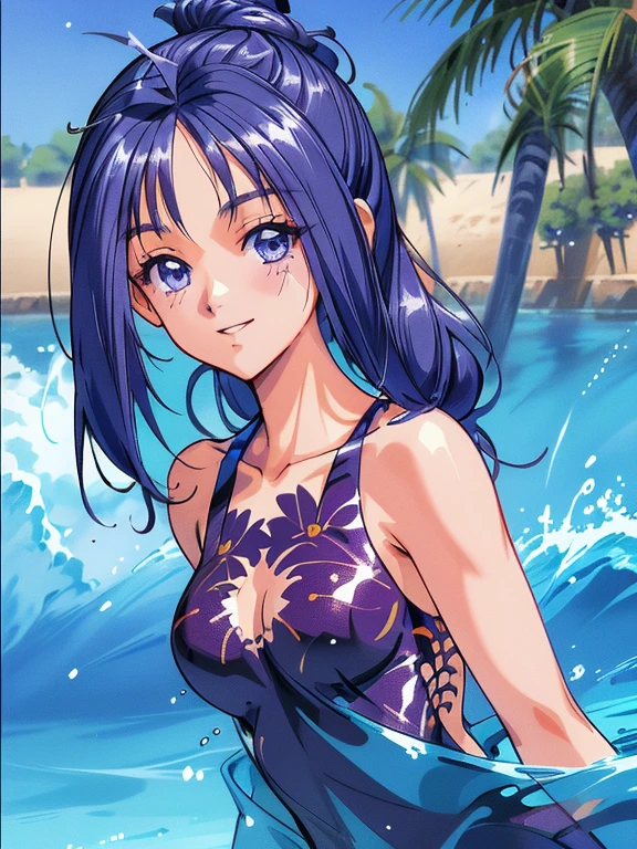 masterpiece, High resolution, Highest quality, Very detailed, Beach, ((masterpiece)),((Ayako Katagiri)),((Katagiri Ayako)),((Mischievous Smile)),Anatomically perfect fingers,Bikini Swimwear