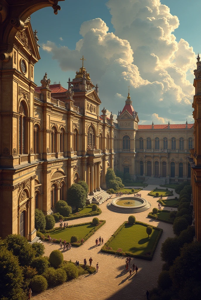 a huge extravagant palace with the king Louis XIV