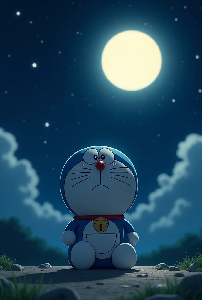 Doraemon crying under the full moon with stars