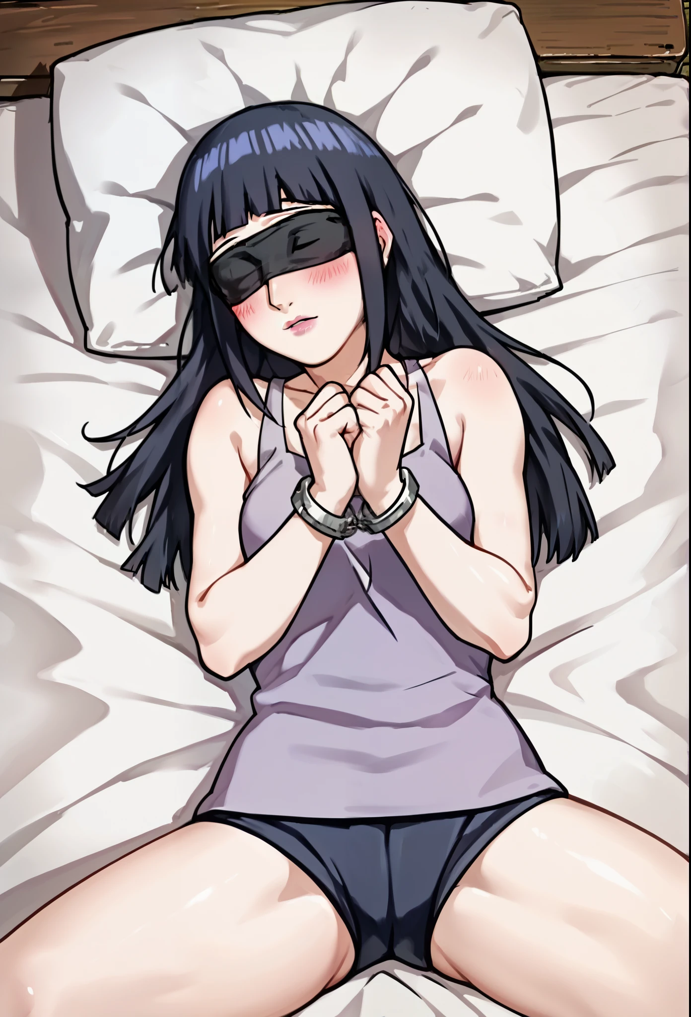 check_9, check_8_up, check_7_up, check_6_up, check_5_up, check_4_up, source_アニメ, 4k uhd, work of art, absurderes, hinata\(boruto\) ((hyuga Hinata))1womanl, sleeping, BDSM, Bblack hair, loose hair, blindfold in her eyes, corda WW, rope handcuffs, Raise your hands, cseios, beautiful  face, body proportion, blush, (pink lips), perfect hair, purples eyes, gentle look, super realistico, detailded, thighs showing, legs spread open, tusk, lying on a bed, natta, sexly, Room, best qualityer, 
 