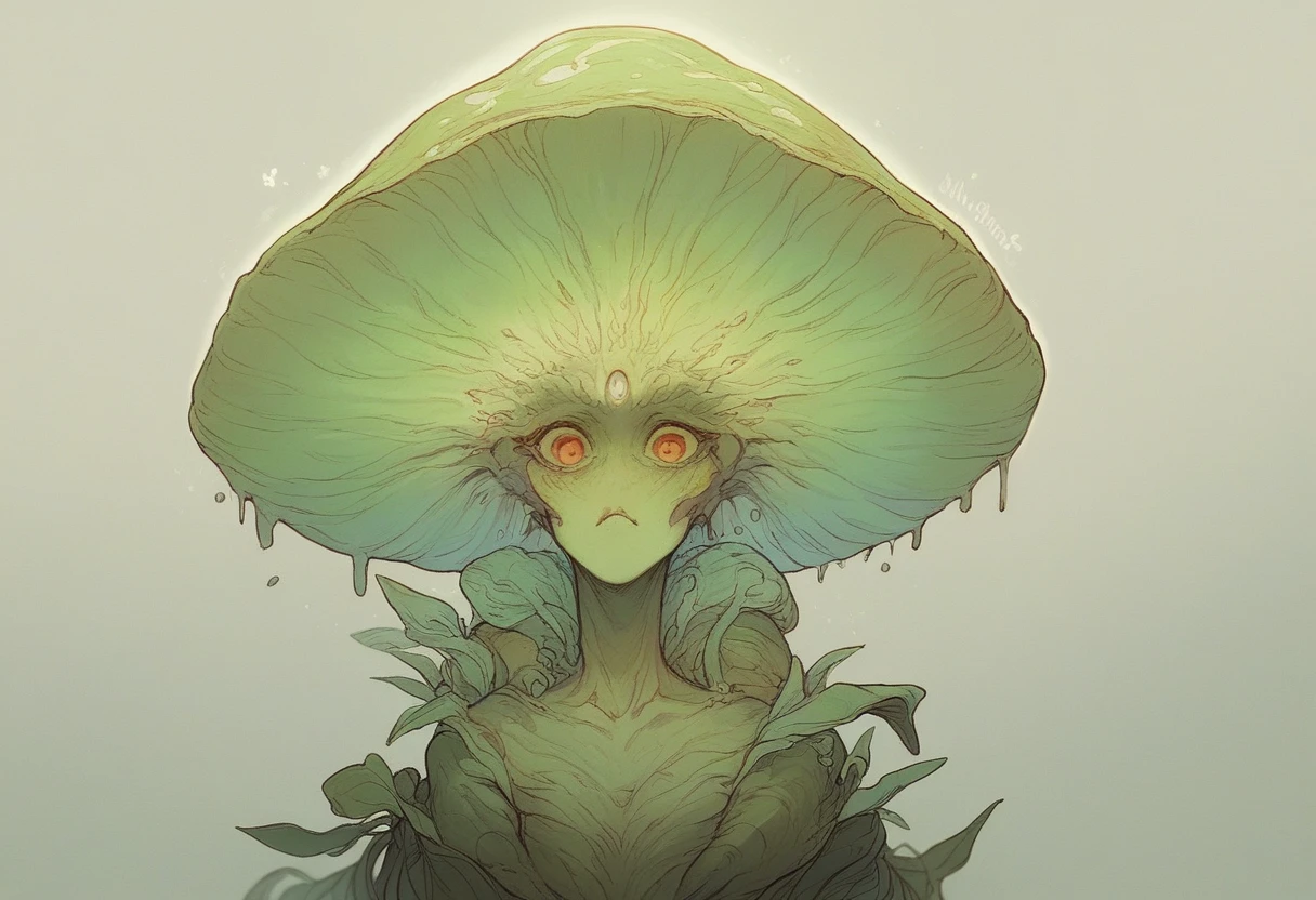 Surreal alien mushroom world, unique geological formations, exotic plants or creatures, atmospheric lighting, cinematic depth.