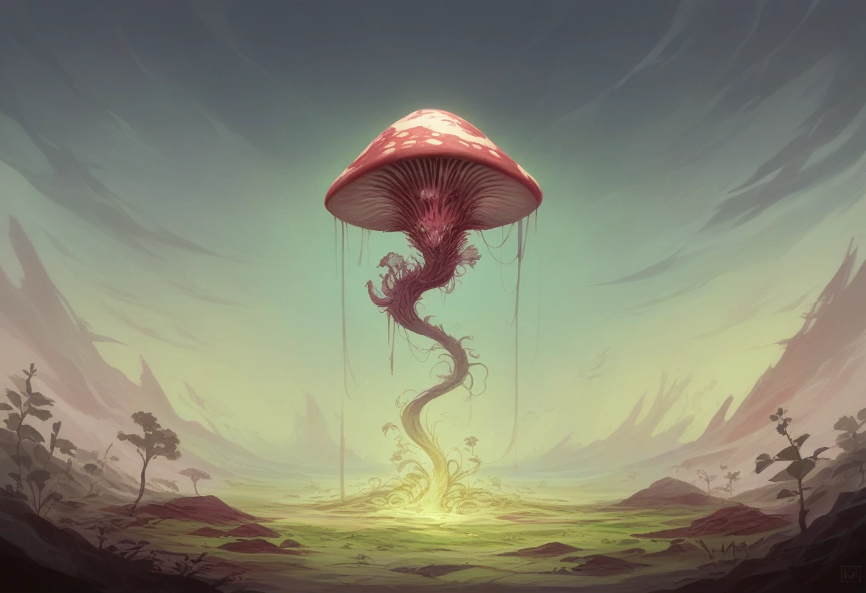 Surreal alien mushroom  world, unique geological formations, exotic plants or creatures, atmospheric lighting, cinematic depth.  