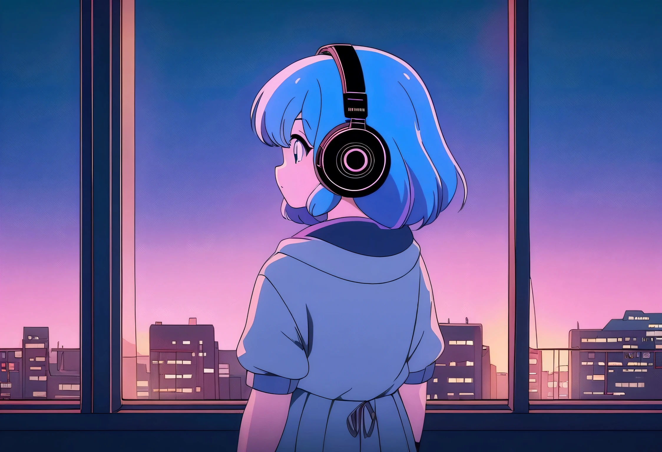 Anime girl wearing headphones looking out the window at the city, Lo-fi Girl, Anime atmosphere, Lofi Artstyle, Anime Style 4k, Anime Aesthetics, Nightcore, Lo-fi feeling, Lofi Art, anime art wallpaper 4k, anime art wallpaper 4k, anime wallpaper 4k, anime wallpaper 4k, An atmosphere of praise, Kaisei and Artgelm