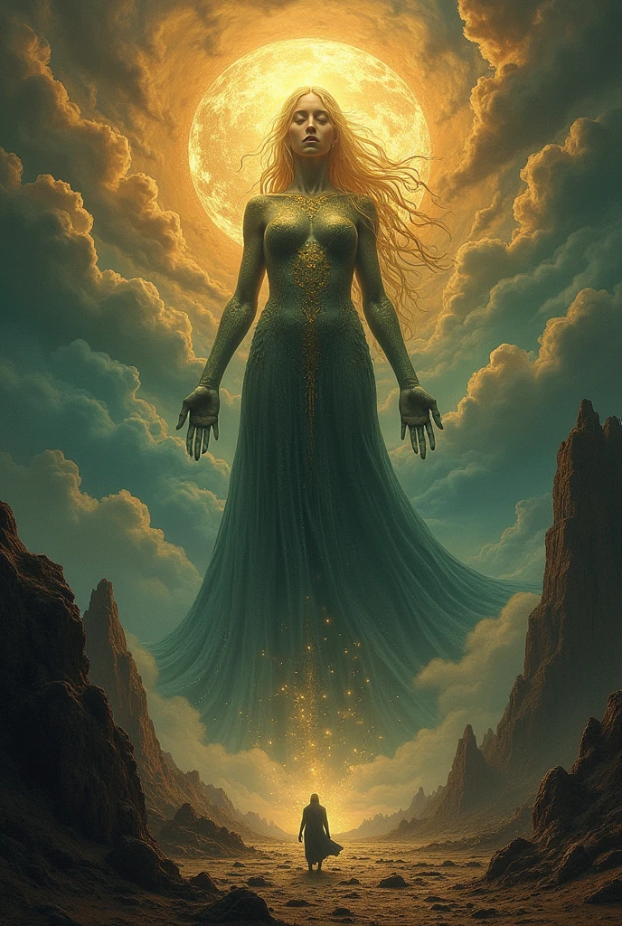 a masterful digital fantasy painting in the style of Greg Rutkowski Dan Mumford and Caspar David Friedrich, alcohol ink, thick outlines, gold leaf, the gargantuan goddess mother earth rising up from the ground to punish those who have disrupted and stained her, masterpiece, 8k, award winning, high quality, best quality, cinematic, extremely detailed, intense lighting, epic,