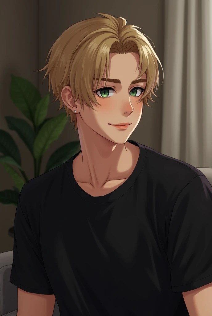 masutepiece, Best Quality, Realistic, 1man, matured male, Quiet and charming young man, 18 years old, a smirk, Closed mouth, Portrait, extra detailed face, A little far, ((Dark green eyes)), ((Short Side Sweep Sandy Blonde Hair)), [Thick eyebrows], livingroom, ((Black shirt)), Sitting