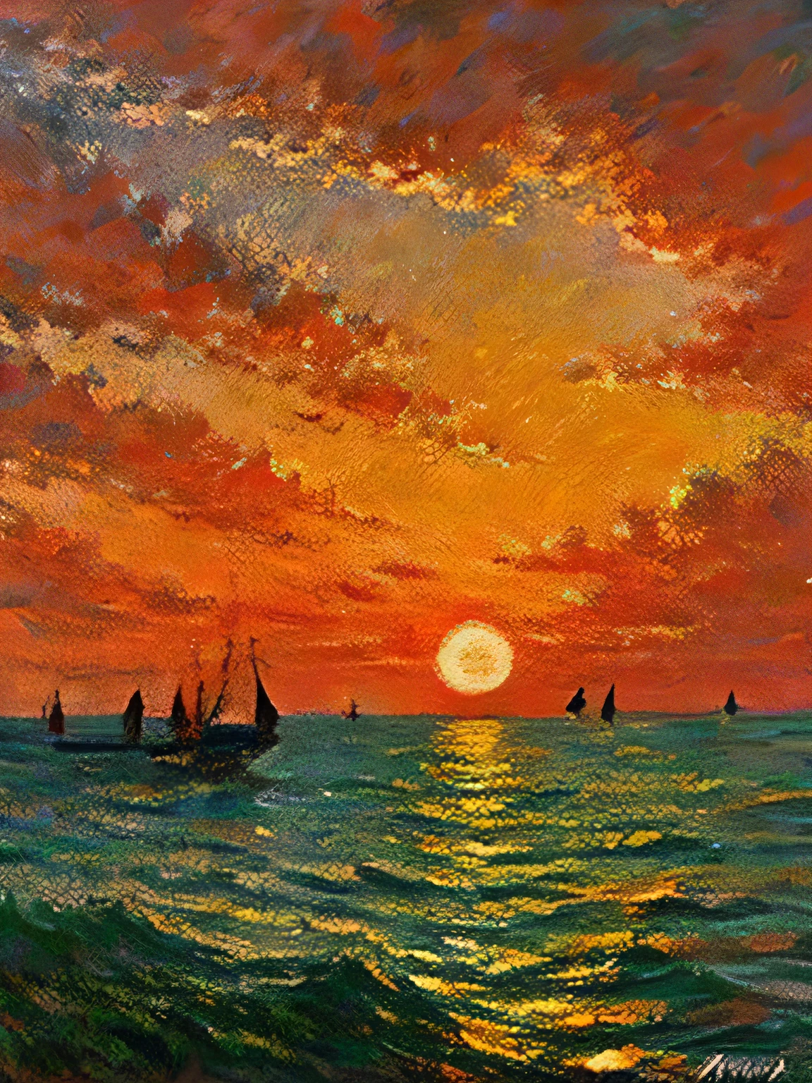 Painting, Sunset at sea, Sunset, Monet, high quality
