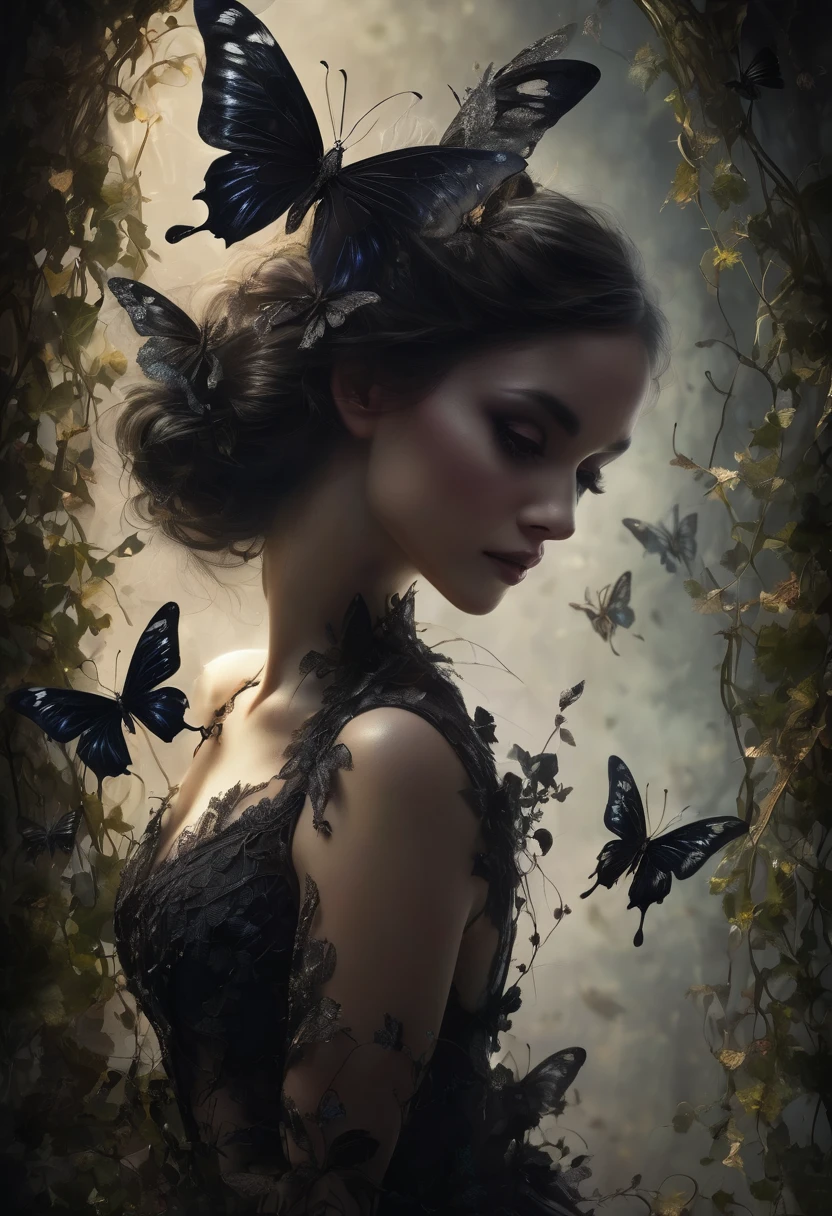 a black butterfly,fantasy,dark,gothic,ethereal,dramatic lighting,chiaroscuro,intricate details,delicate wings,feathery antennae,mysterious atmosphere,moody colors,deep shadows,cobwebs,overgrown vines,decaying leaves,best quality,8k,highres,masterpiece,ultra-detailed,photorealistic,professional