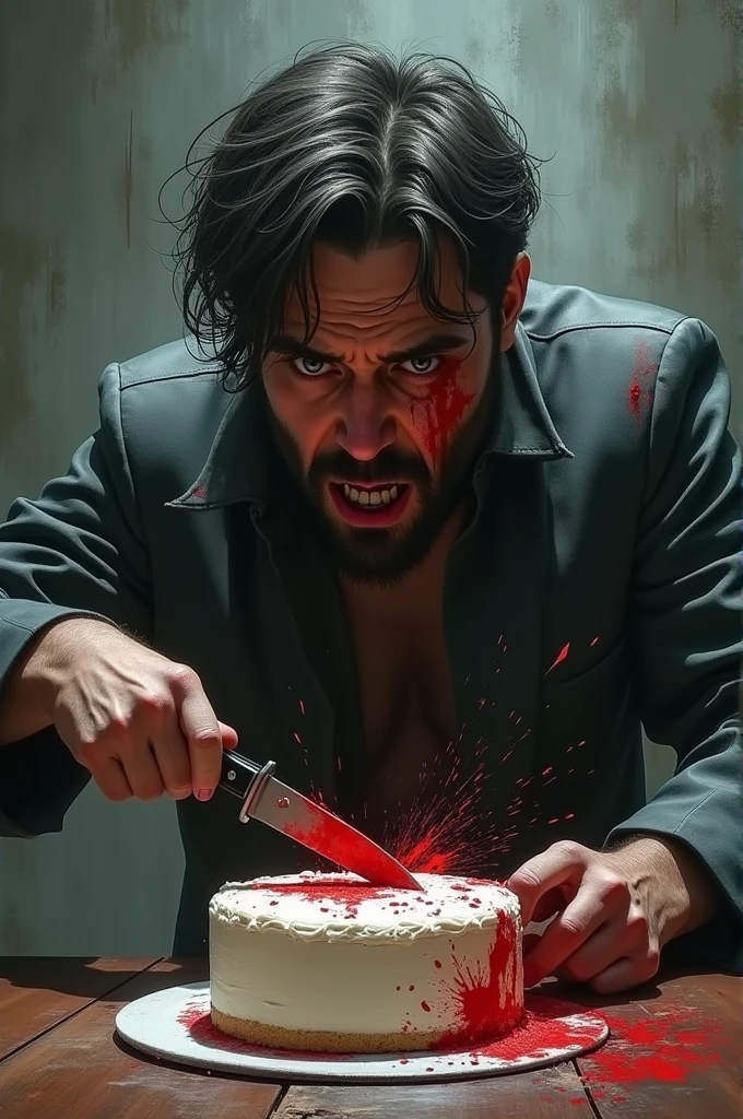 A man cutting cake and splash of blood in face in danger style