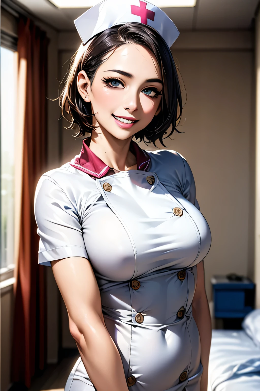 (masterpiece, Realistic, Highest quality, 8k), (1 female), mature, (Wearing a nurse cap and short nurse uniform), grin, Bob Hair, (background: Hospital room)