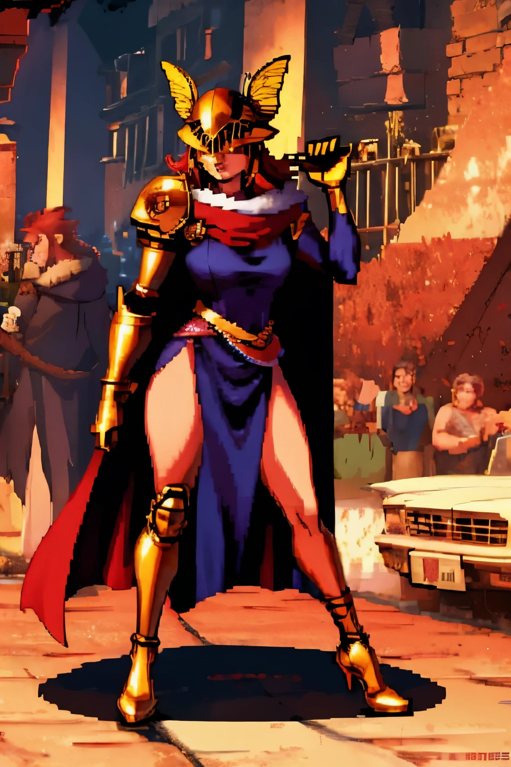 MaleniaDef, red hair, armor, cape, helmet, brown dress, MaleniaRot, wings, coverd eyes, scar, butterfly, bug prothestic leg, single mechanical arm, prosthesis